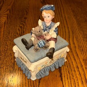 Beautiful Trinket Box with Victorian Boy With Teddy Bear & Ball Made with Resin